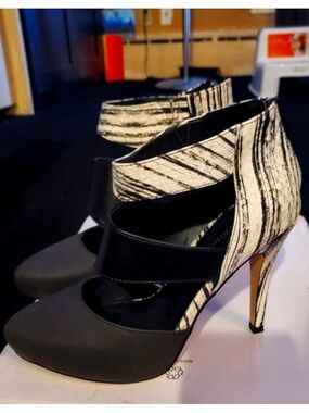 Black and White Striped Ankle-Strap Heels